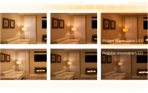 Comparación de los efectos luminosos en una habitación entre una lámpara LED Philips Warmglow y una lámpara LED regulable común.