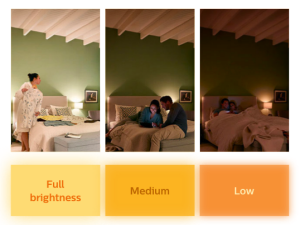 Effets lumineux dans une pièce d'une ampoule LED Philips SceneSwitch avec différents réglages de température de couleur