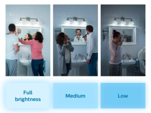 Light effects in a room of a Philips SceneSwitch LED Bulb with different brightness settings