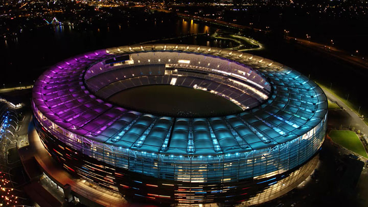 Aerial shot of a football stadium fa&ccedil;ade at night