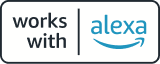 ""Works with Alexa"" badge with text and Alexa logo on a white background, indicating Amazon Alexa compatibility.