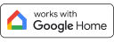 Google Home logo with text ""works with Google Home"" centered on a white background.