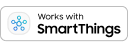 Samsung SmartThings logo with blue icon and text ""Works with SmartThings"" centered on a white background.