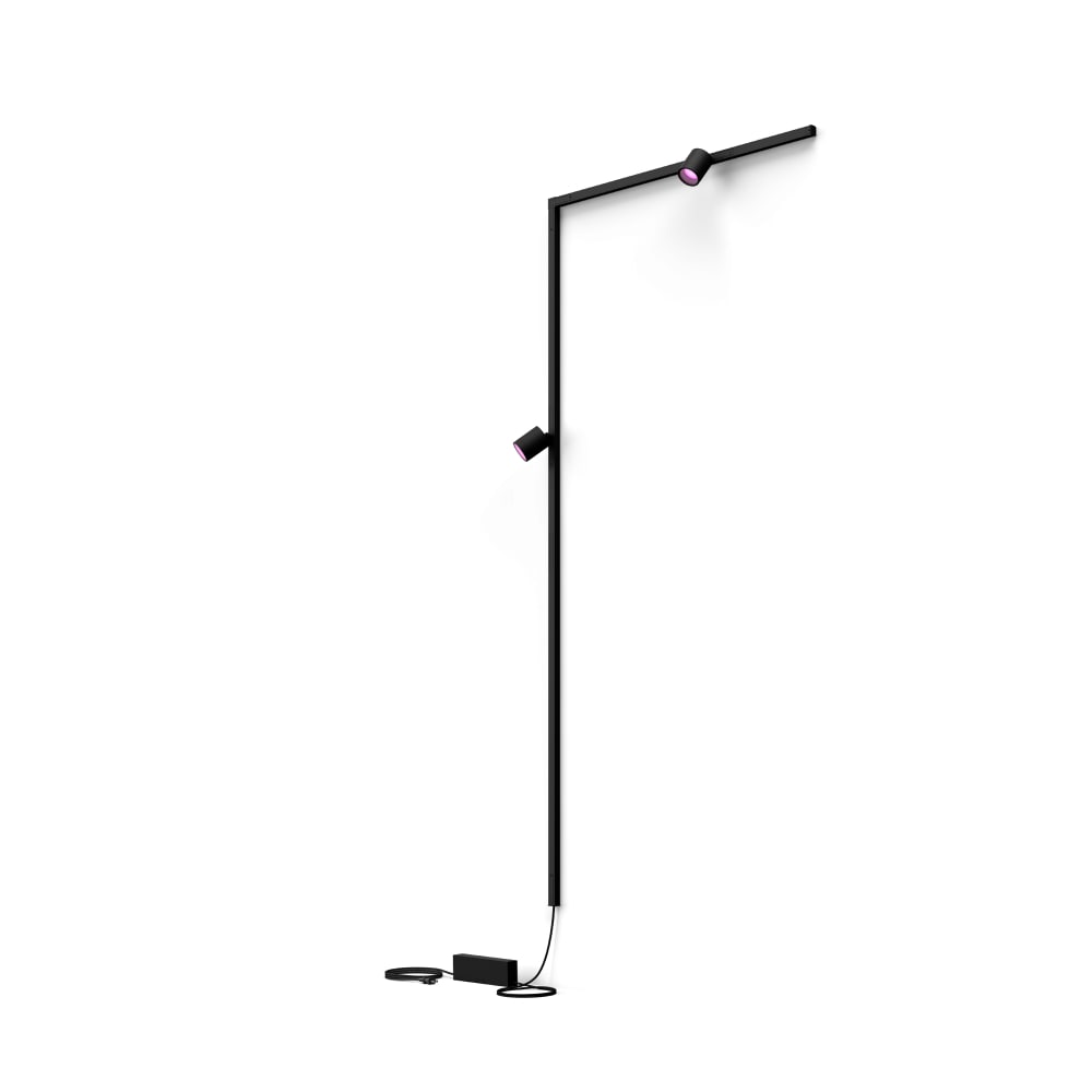 Black track lighting kit with three cylindrical adjustable spotlights, matte finish, connected by a slim vertical and horizontal bar.