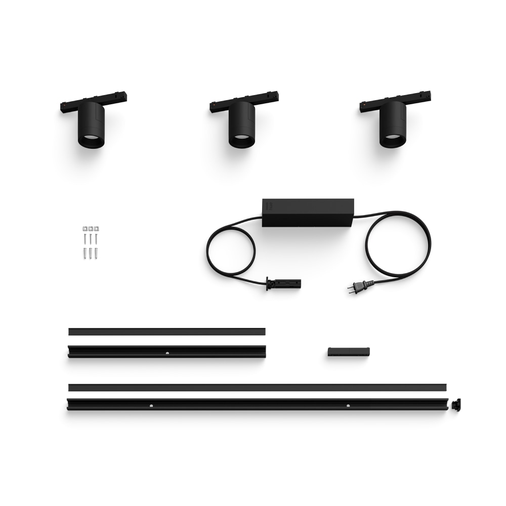 Collection of black track lighting components including spotlights, power adapter, cables, mounting hardware, and track rails on white background.