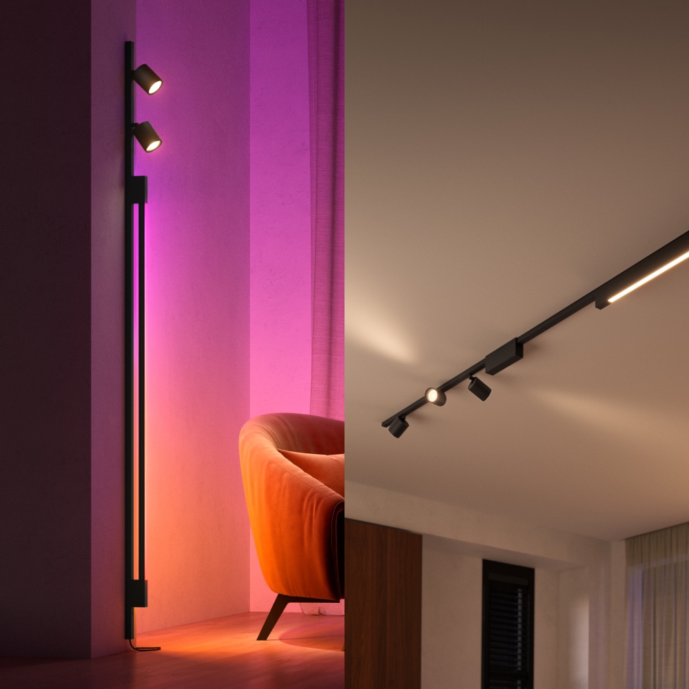 Black track lighting system shown mounted vertically on a wall and horizontally on a ceiling, illuminating adjacent surfaces.