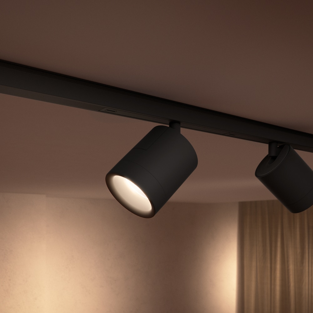 Black cylindrical track lighting fixture mounted on ceiling, illuminating the wall below with focused light. Curtain visible in background.