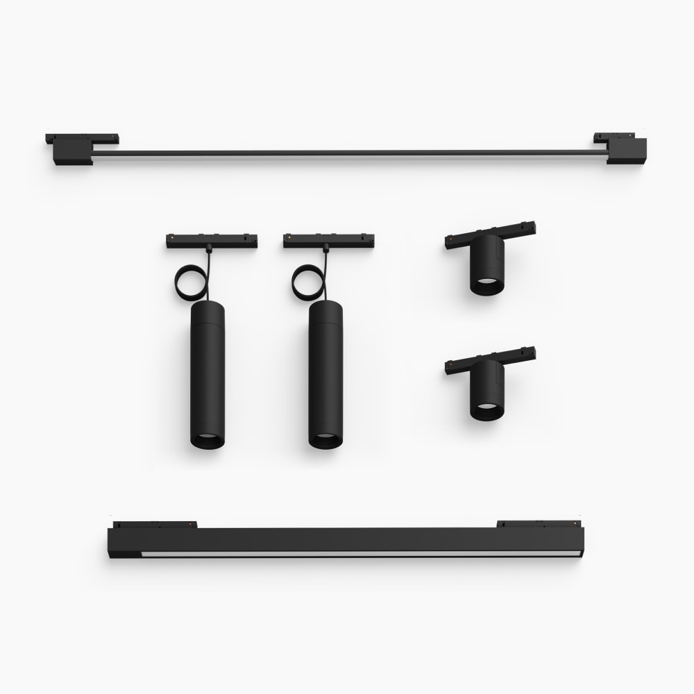 Collection of black cylindrical smart track lighting fixtures with matte finish and mounting rails arranged on a white surface.