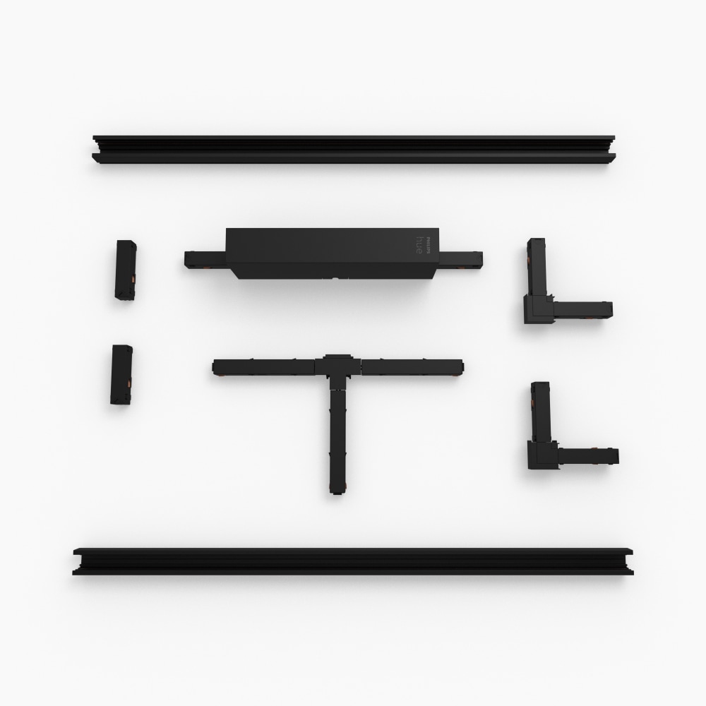 Collection of black track lighting components including connectors, straight rails, T-junction, and power supply on a white background.