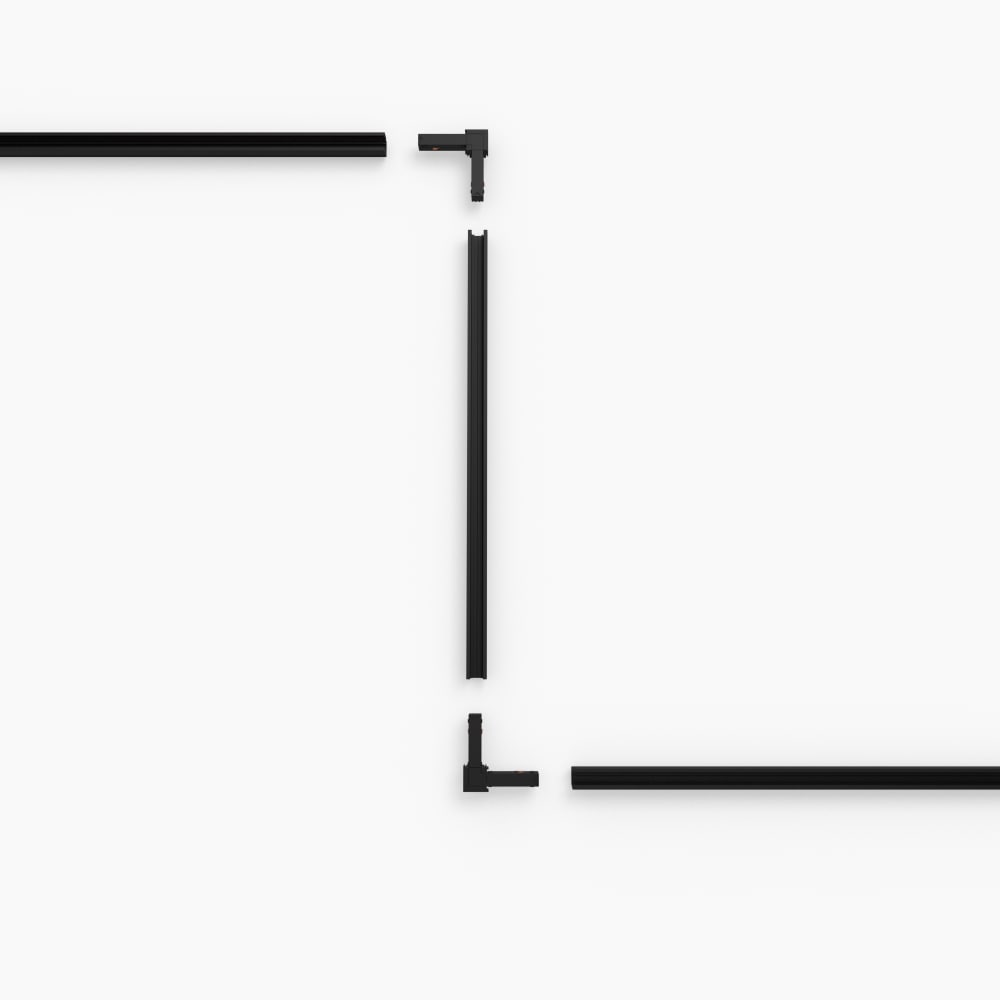 Black smart track lighting rails and connectors in a rectangular shape, featuring a matte finish and elongated form.