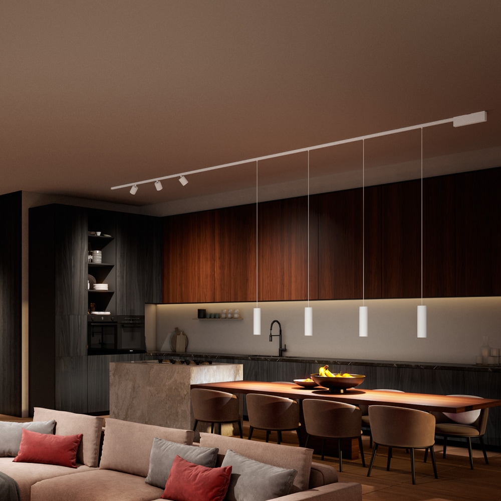 Ceiling-mounted white track lighting and pendant lights illuminate a kitchen area with a wood-paneled wall and dining table.