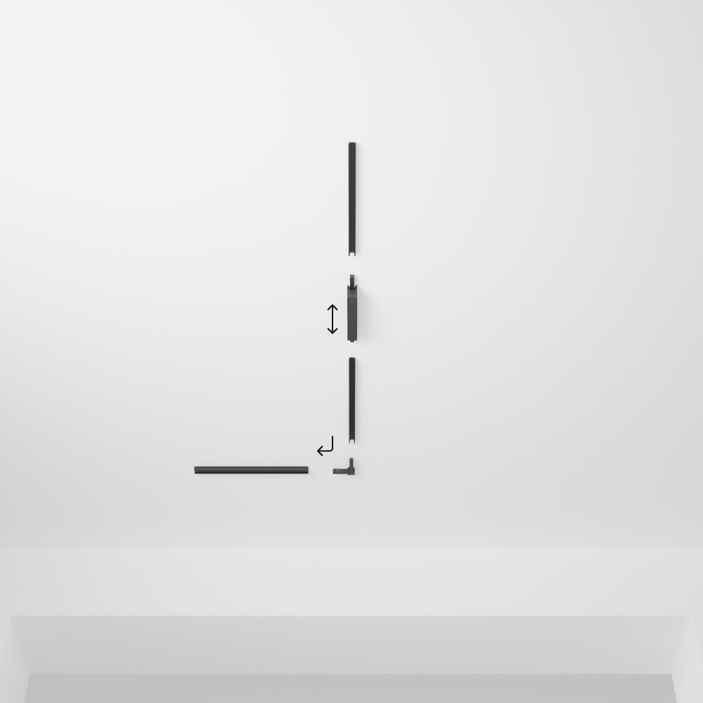 Black smart track lighting components arranged on a white ceiling, showing steps to connect pieces in an L-shape with directional arrows.