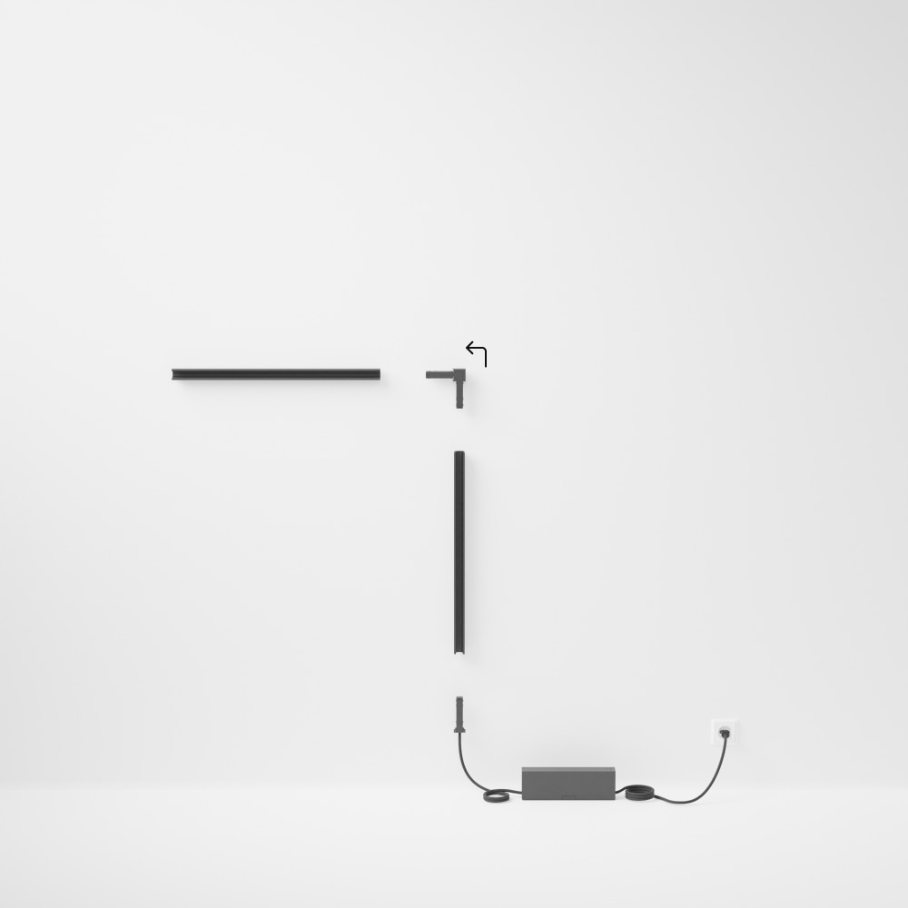 Collection of matte black Perifo L-shape smart track lighting components, including straight and corner pieces, power supply, and cables.