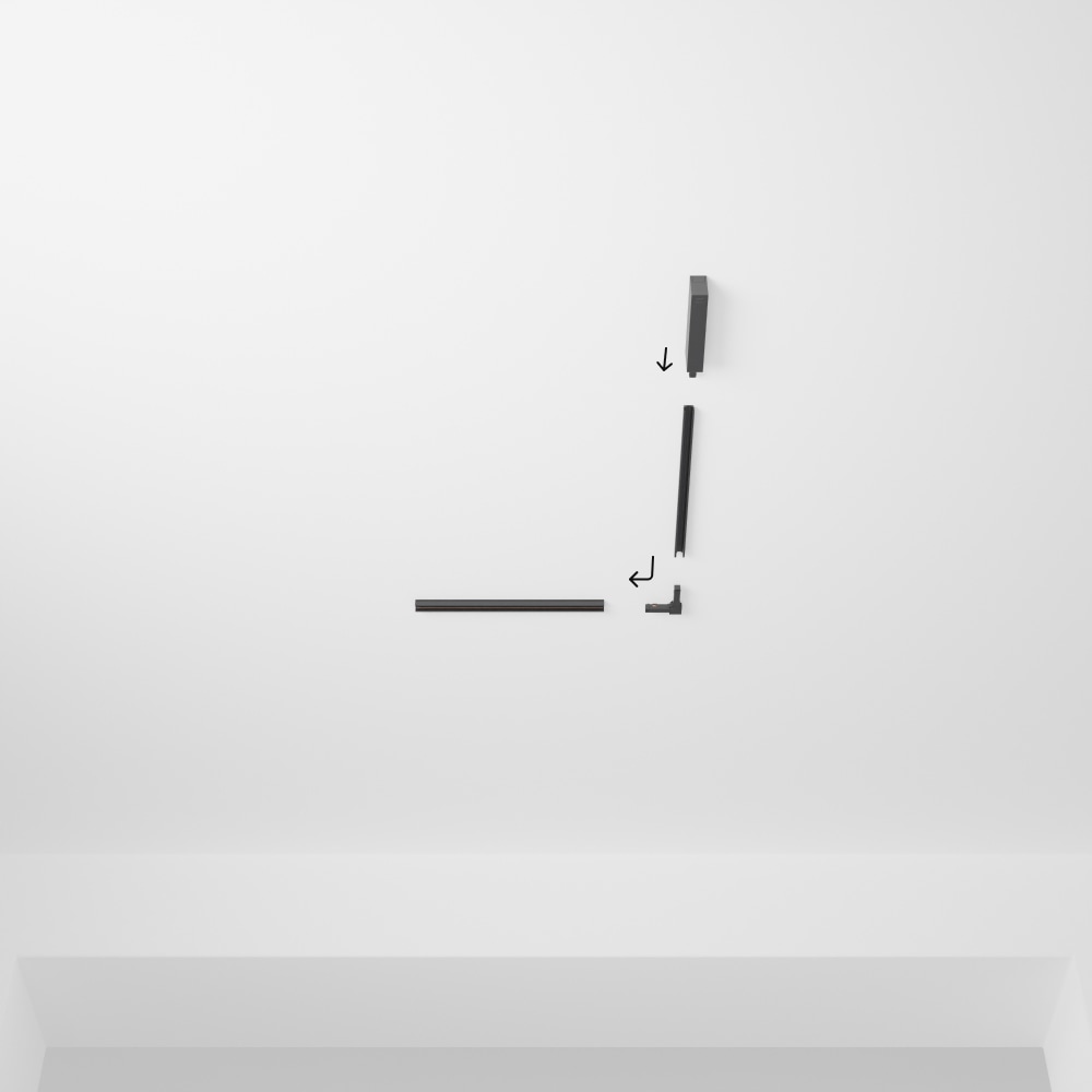 Black track lighting components are shown on a white ceiling, with arrows indicating assembly of an L-shape configuration.