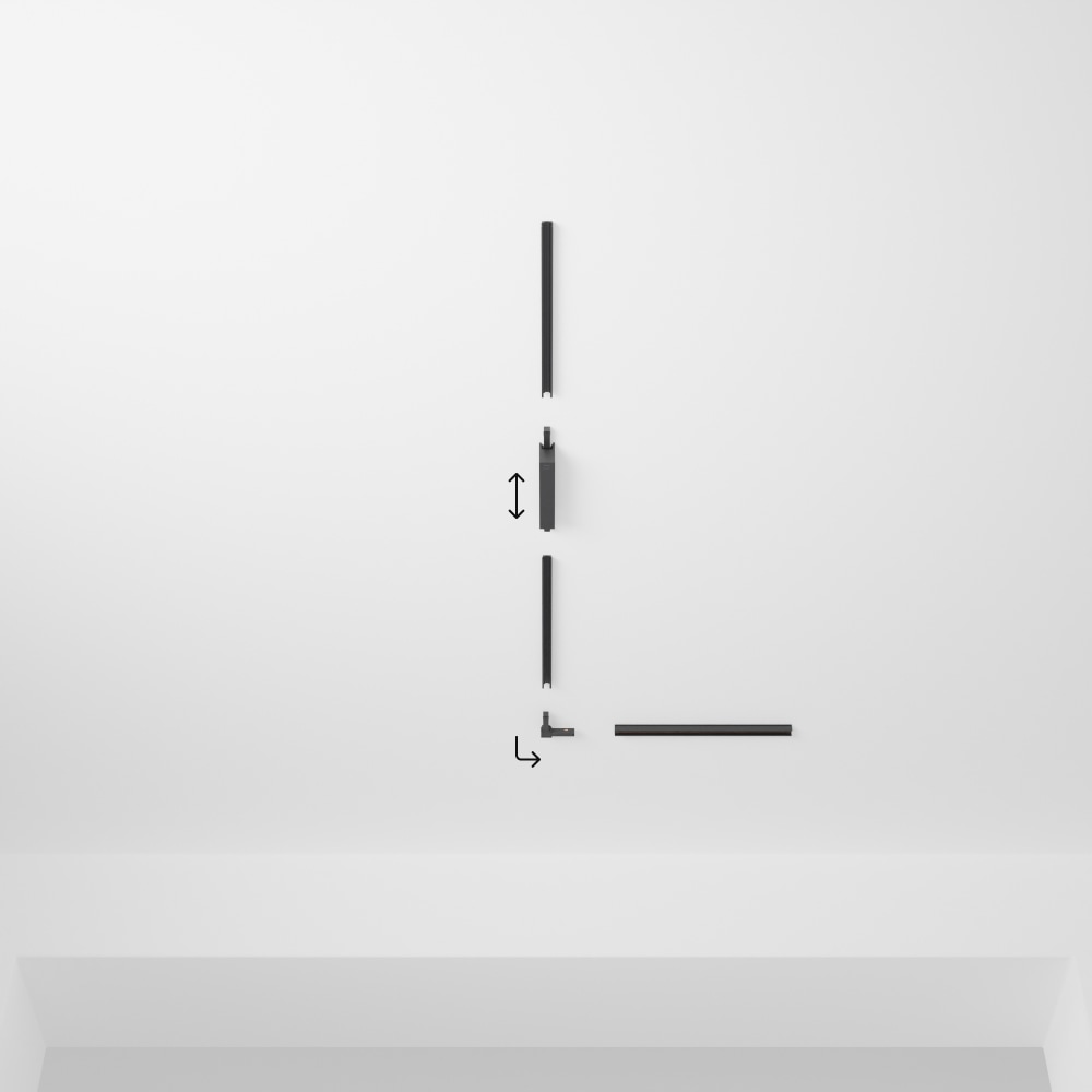 Black smart track lighting components are shown on a white ceiling, with arrows indicating assembly steps for an L-shaped layout.
