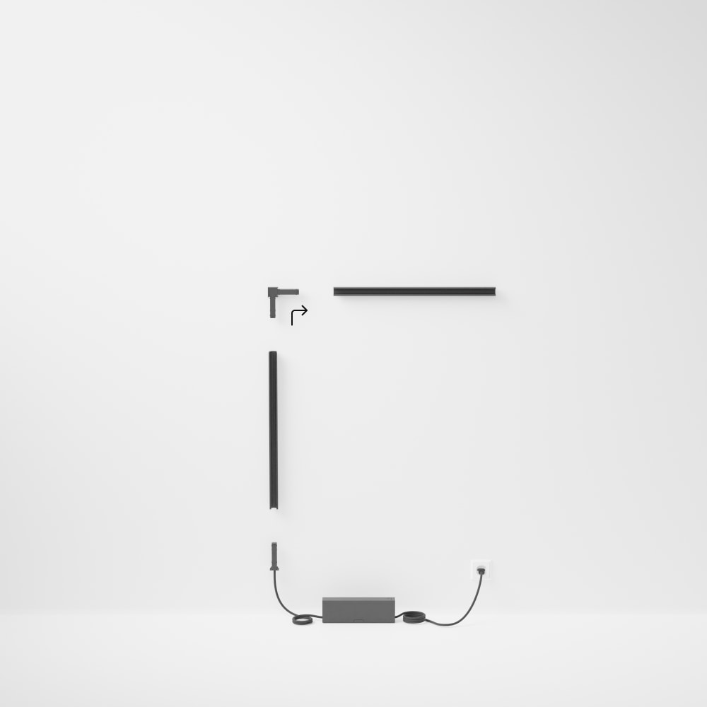Black Perifo track lighting set in L-shape, featuring straight and corner pieces with matte finish, power supply and cables visible.