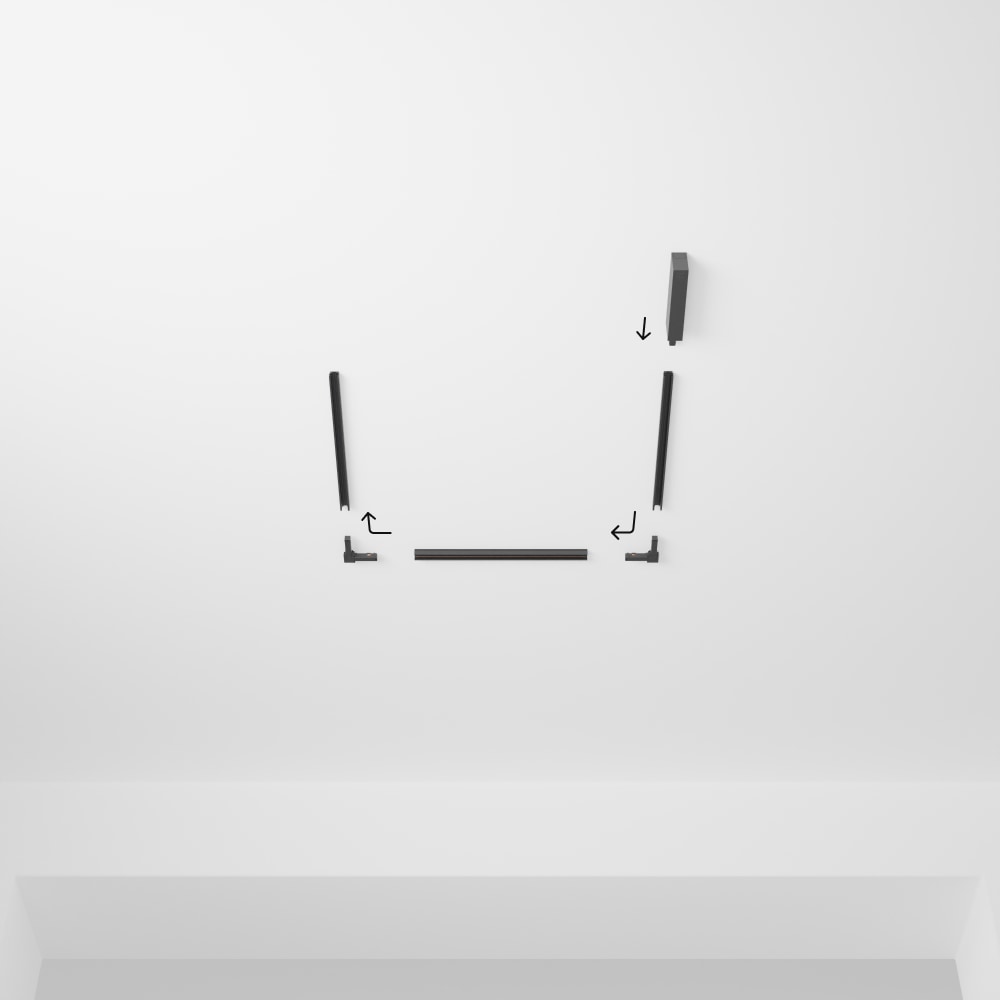 U-shaped black track lighting components on a ceiling, with arrows indicating connection sequence and layout assembly steps.