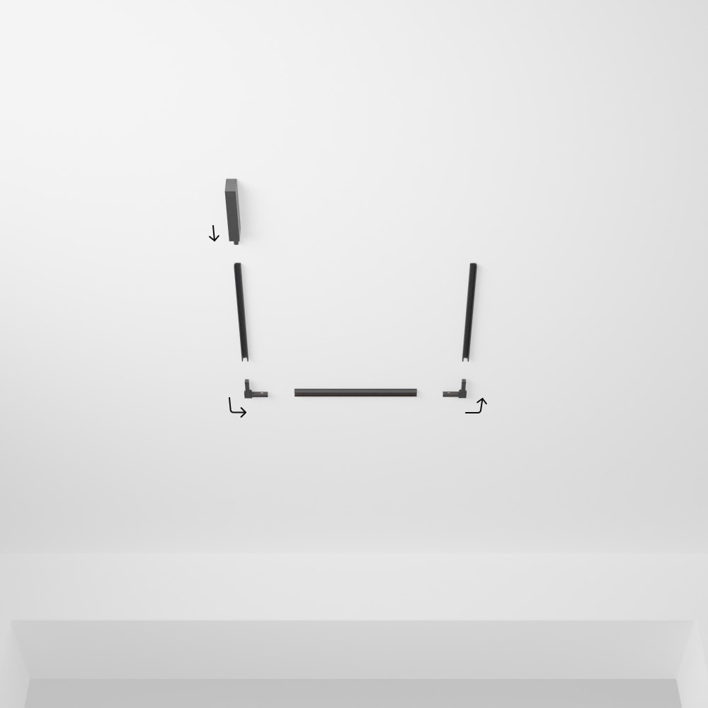 U-shaped smart track lighting components on a ceiling, with arrows indicating assembly steps and connection directions.