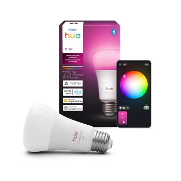Een Philips Hue slimme lamp met Matter functionaliteit, inclusief verpakking en de Hue app.