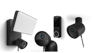 Caméra Hue à projecteur, caméra 2K filaire, caméra à batterie 2K et sonnette vidéo Hue Secure en noir. 