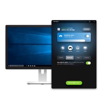 屏幕打开的显示器，覆盖着显示同步设置的 Hue Sync 桌面应用程序