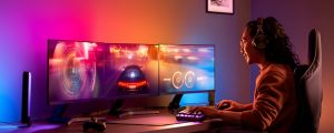 Person gaming at a desk with colorful smart lighting synced to dual monitors, enhancing the immersive entertainment experience.