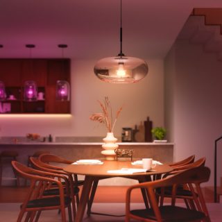 Pendant smart light fixture with visible bulb hanging above dining table, casting adjustable light onto table and surrounding chairs.