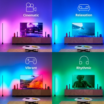 Sync Box 사전 설정 모드와 TV 화면에 반응하는 색상 변경 조명을 보여주는 4개의 이미지입니다.